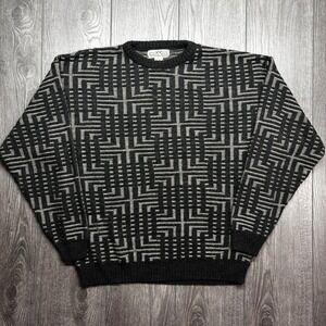 Natural Issue Mens Large Black White Geometric Maze Knit Crew Neck Sweater Y2k